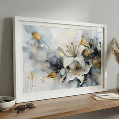 White Lily & Gold Splatters - Floral Art (Premium Glass Frame)