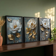 Gilded White Blooms - 3 Piece Metallic Floral Combo (Premium Glass Frame)