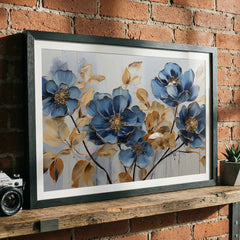 Sapphire & Gold Blooms - Floral Art (Premium Glass Frame)