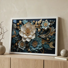 Midnight Teal Blossoms - Floral Art (Premium Glass Frame)