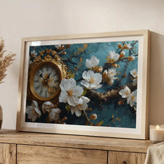 Vintage Clock & White Floral - Premium Glass Framed Wall Art