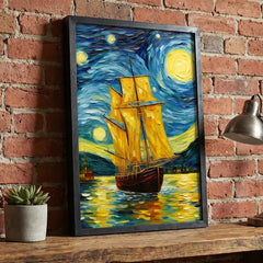 Golden Sails under Starry Skies - Vertical Van Gogh Ship Art (Premium Glass Frame)