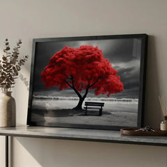 Striking Red Tree Scenery - Premium Glass Framed Wall Art