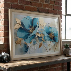 Azure Blooms - Blue & Gold Floral Art (Premium Glass Frame)