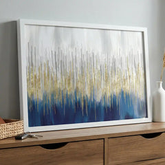 Golden Rainfall - Blue & Gold Abstract Art (Premium Glass Frame)