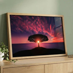 Majestic Magenta Twilight - Solitary Tree Sunset Scenery (Premium Glass Frame)