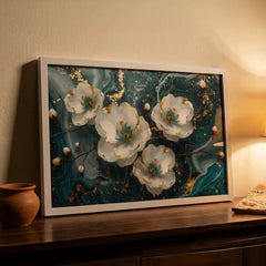 Emerald Swirl Abstract White Floral - Premium Glass Framed Wall Art