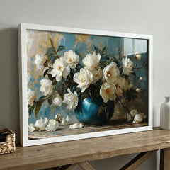 White Blossoms in Blue Vase - Floral Art (Premium Glass Frame)