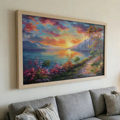 Serene Horizon - Colorful Lake Sunset Art (Premium Glass Frame)