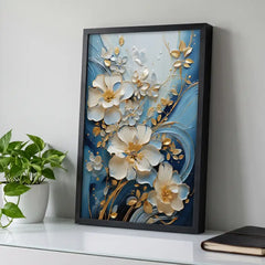 Blue & Gold 3D-Style Floral - Premium Glass Framed Wall Art