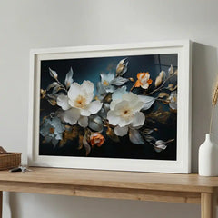 Midnight & Ivory Blossoms - Floral Art (Premium Glass Frame)