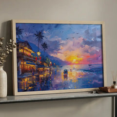 Twilight Coast - Sea Beach & City Lights Art (Premium Glass Frame)