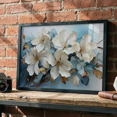 Pristine Blooms - White & Blue Floral Art (Premium Glass Frame)