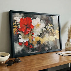 Crimson Elegance - Red & White Floral Art (Premium Glass Frame)