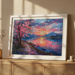 Pink Blossom Sunset - Dreamy Lake Scenery (Premium Glass Frame)