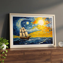 Celestial Voyage - Van Gogh Style Ship Art (Premium Glass Frame)