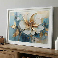 Azure & Gold Petals - Floral Art (Premium Glass Frame)