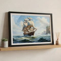 Coastal Voyage - Bright Ocean Ship Art (Premium Glass Frame)