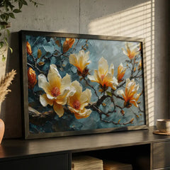 Elegant Cream & Teal Blossom - Premium Glass Framed Wall Art