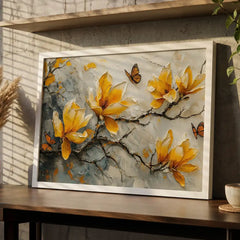 Vibrant Yellow & Orange Floral Butterfly - Premium Glass Framed Wall Art