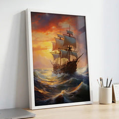 Golden Sunset Voyage - Majestic Sailing Ship Art (Premium Glass Frame)
