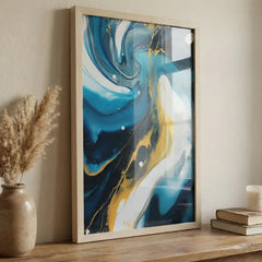 Azure & Gold Flow - Modern Abstract Swirl Art (Premium Glass Frame)