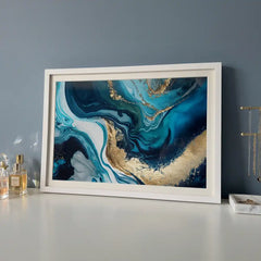 Blue Gold Fluidity - Modern Marble Abstract Art (Premium Glass Frame)