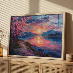 Pink Blossom Sunset - Dreamy Lake Scenery (Premium Glass Frame)