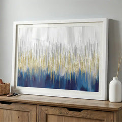 Golden Rainfall - Blue & Gold Abstract Art (Premium Glass Frame)