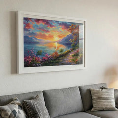 Serene Horizon - Colorful Lake Sunset Art (Premium Glass Frame)
