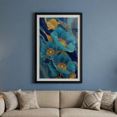 Royal Blue & Gold Floral - Premium Glass Framed Wall Art
