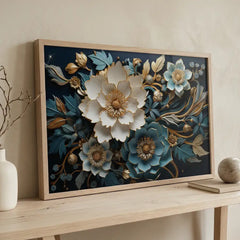 Midnight Teal Blossoms - Floral Art (Premium Glass Frame)