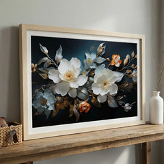 Midnight & Ivory Blossoms - Floral Art (Premium Glass Frame)