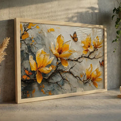 Vibrant Yellow & Orange Floral Butterfly - Premium Glass Framed Wall Art
