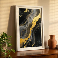 Black & Gold Fluid Marble Abstract - Premium Glass Framed Wall Art