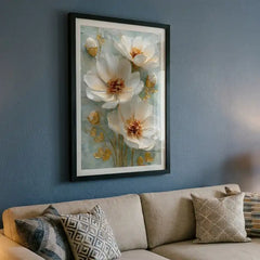 Elegant White & Gold Floral - Premium Glass Framed Wall Art