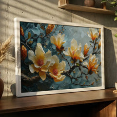 Elegant Cream & Teal Blossom - Premium Glass Framed Wall Art