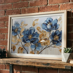 Sapphire & Gold Blooms - Floral Art (Premium Glass Frame)