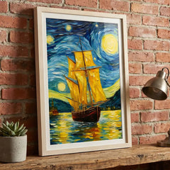 Golden Sails under Starry Skies - Vertical Van Gogh Ship Art (Premium Glass Frame)