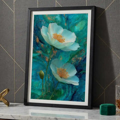 Ethereal Teal Floral - Premium Glass Framed Wall Art