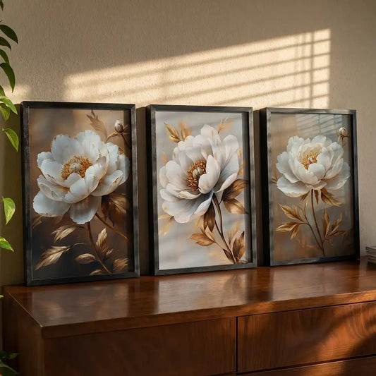 Golden Aura White Peonies - 3 Piece Floral Art Combo (Premium Glass Frame)