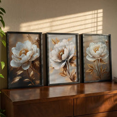 Golden Aura White Peonies - 3 Piece Floral Art Combo (Premium Glass Frame)