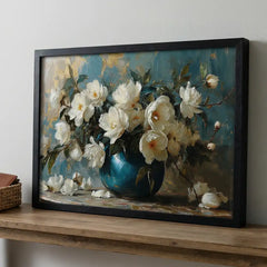 White Blossoms in Blue Vase - Floral Art (Premium Glass Frame)