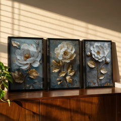 Gilded White Blooms - 3 Piece Metallic Floral Combo (Premium Glass Frame)