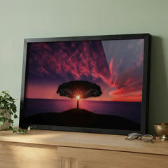 Majestic Magenta Twilight - Solitary Tree Sunset Scenery (Premium Glass Frame)