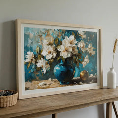 Azure Vase Blossoms - Still Life Art (Premium Glass Frame)