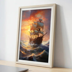 Golden Sunset Voyage - Majestic Sailing Ship Art (Premium Glass Frame)