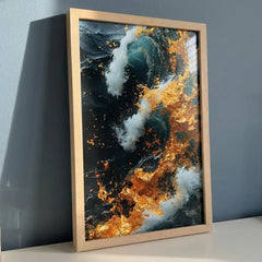 Golden Blue Swirl Abstract - Premium Glass Framed Wall Art