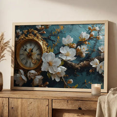 Vintage Clock & White Floral - Premium Glass Framed Wall Art
