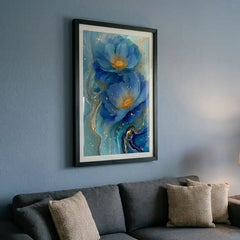 Ocean Blue & Gold Floral - Premium Glass Framed Wall Art